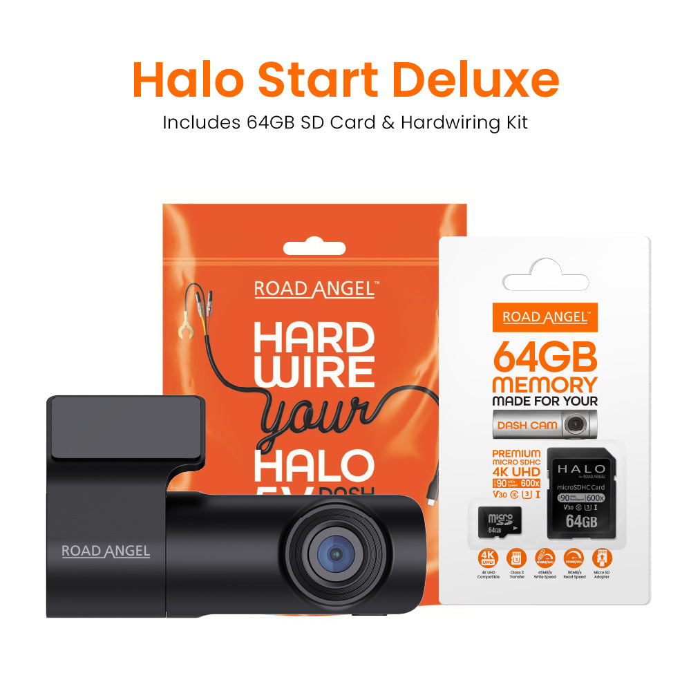 NEW - 2025 Road Angel Halo Start 2 Deluxe 1080p Full HD Compact Dash Cam With Quick Release Mount with 64GB SD Card & Hardwiring Kit Bundle