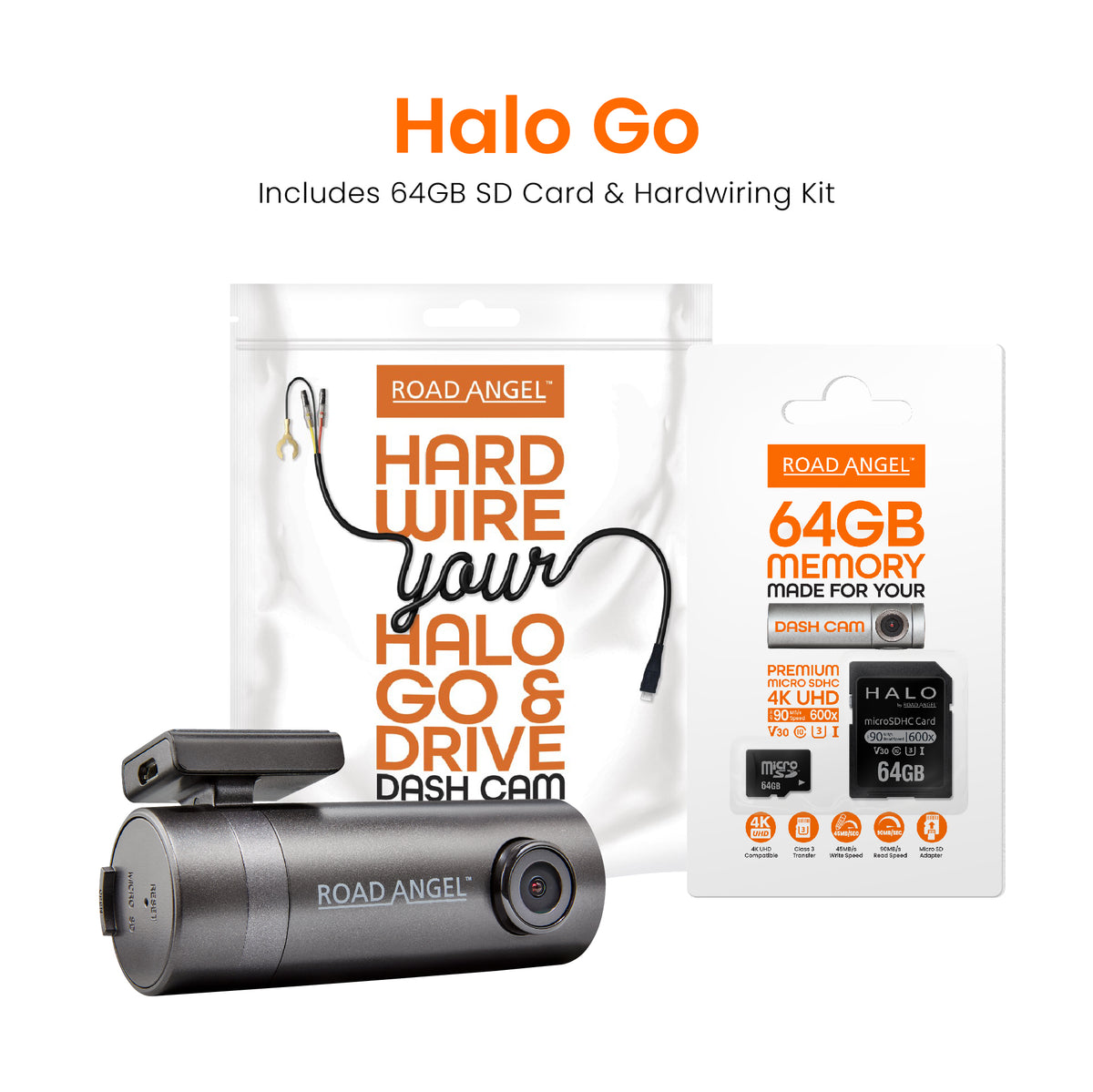 Road Angel Halo Go Compact Dash Cam with 64GB SD Card & Hardwiring Kit Bundle