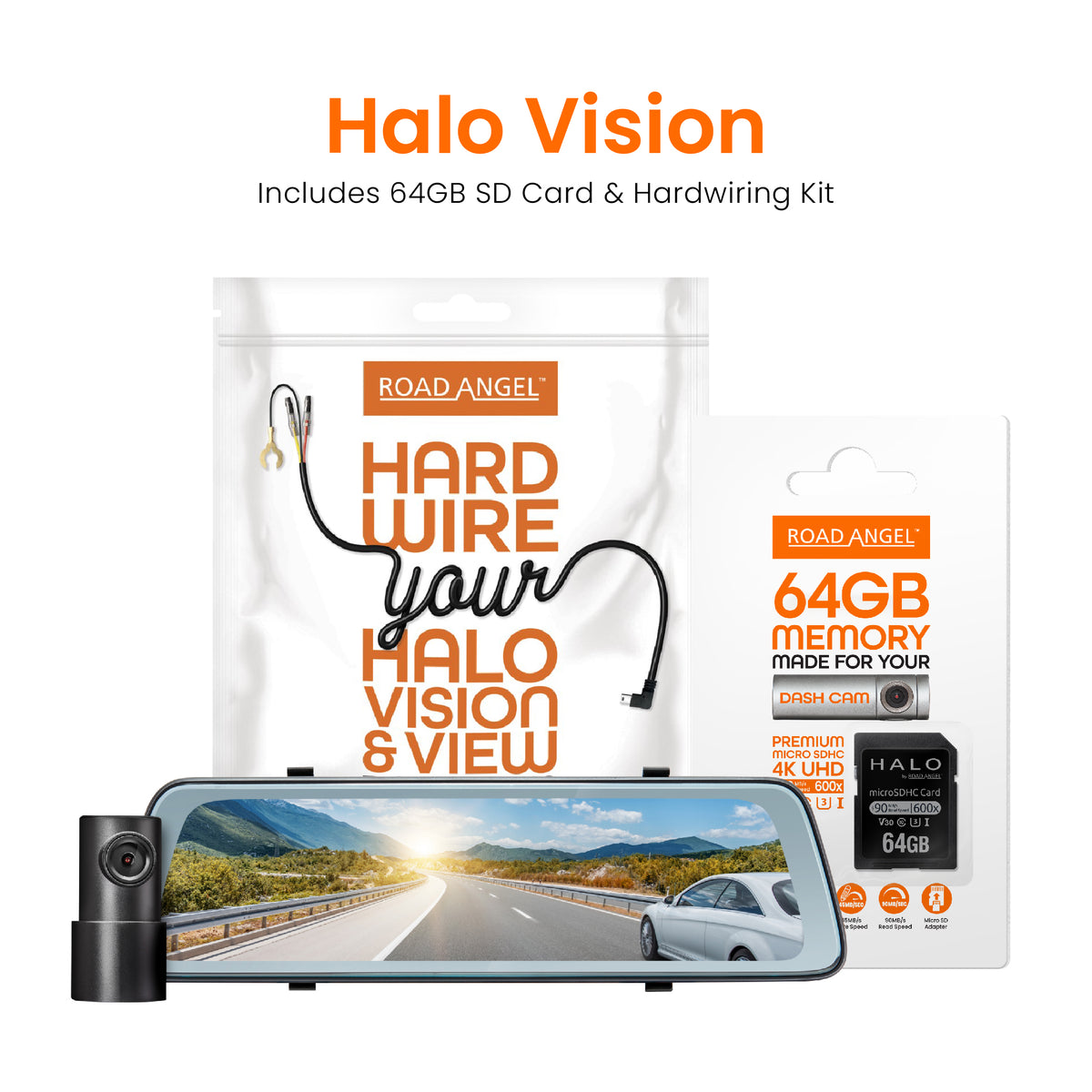 Road Angel Halo Vision Rear View Mirror and Dash Cam with 64GB SD Card & Hardwiring Kit Bundle