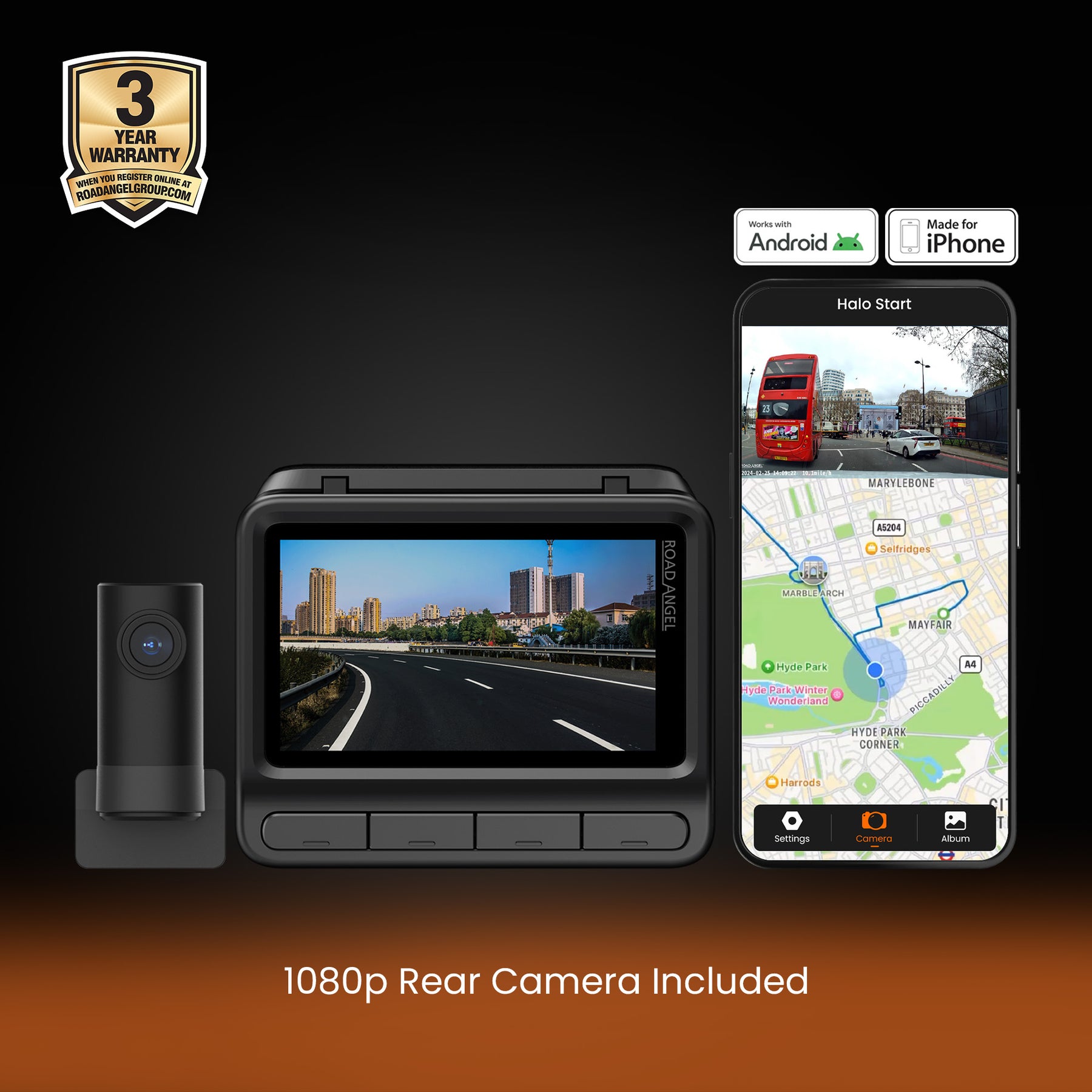 NEW - Road Angel Halo Elite 4K (2160p) & 1K (1080p) Dual Dash Cam With Sony Starvis 2 Enhanced Night Vision Video Technology!- With 64GB SD Card & Hardwiring Kit Bundle