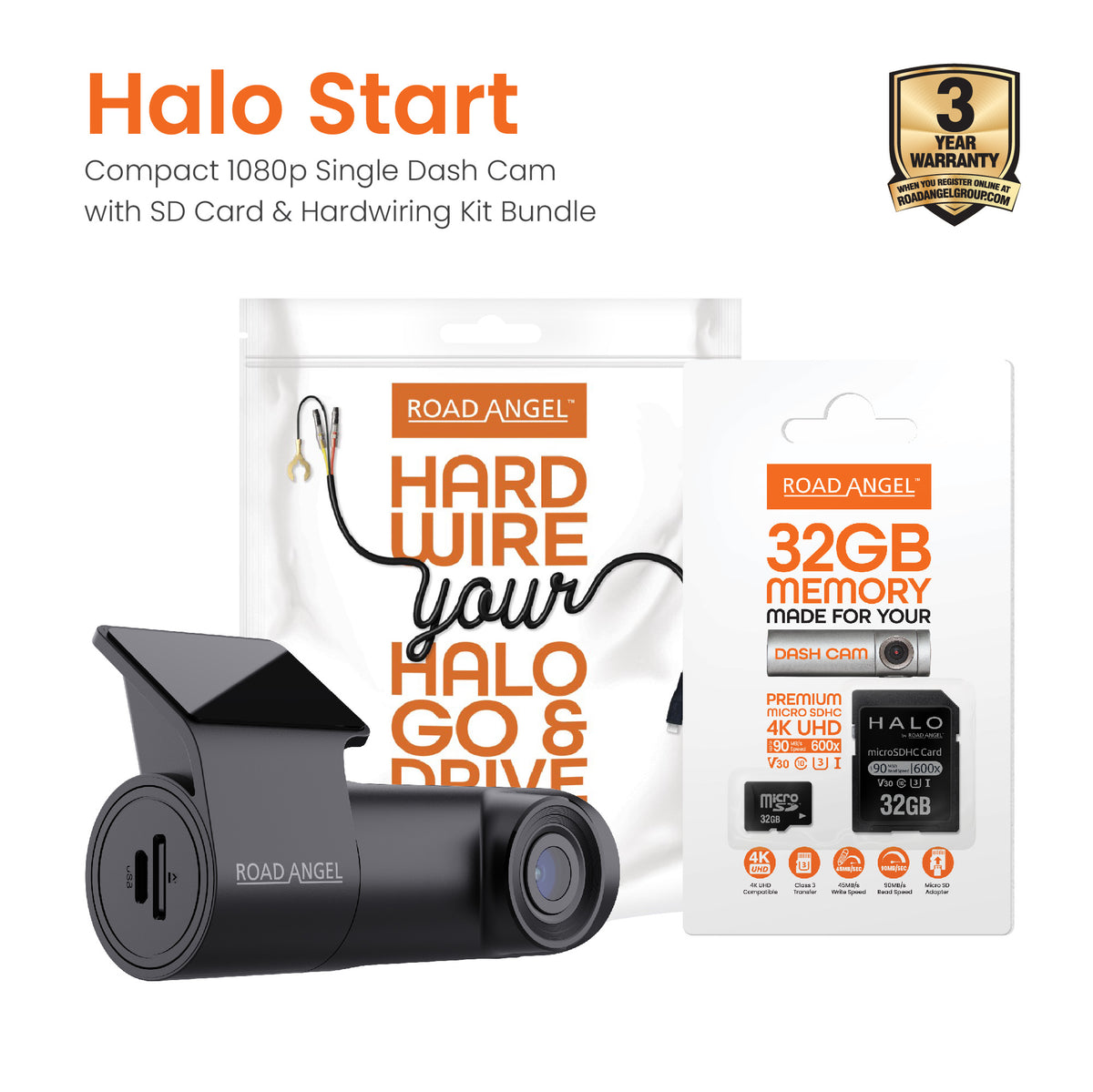 NEW - Road Angel Halo Start 1080p Full HD Compact Dash Cam With Quick Release Mount with 32GB SD Card & Hardwiring Kit Bundle