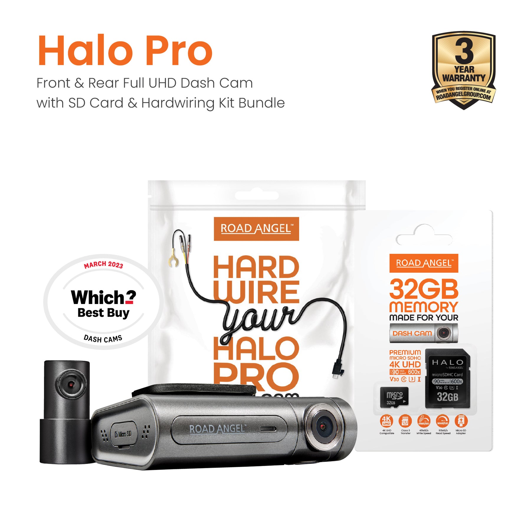 Road Angel Halo Pro Front and Rear Dash Cam with 32GB SD Card & Hardwiring Kit Bundle